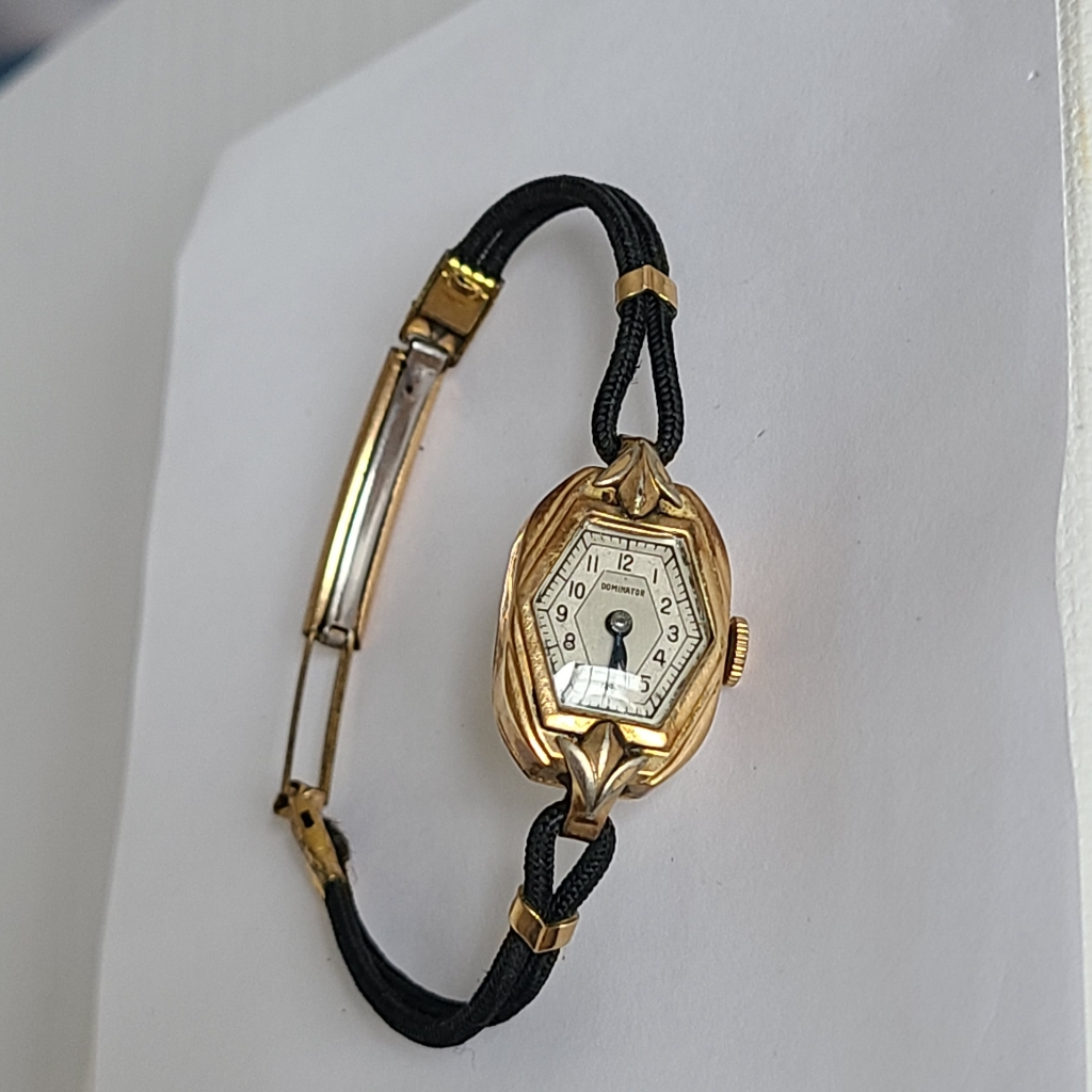 Vintage Antique Luxury Art Deco Gold Plated Dominator Black Corded Wind Up Watch